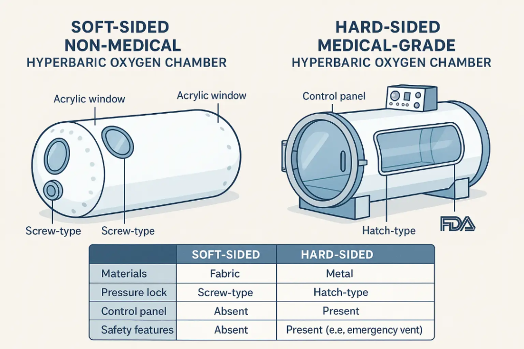 Infographic showing soft-sided non-medical and hard-sided medical hyperbaric oxygen chambers side by side, highlighting differences in materials, safety features, pressure controls, certification marks, and labeled parts with clear vector graphics in a clinical color palette.
