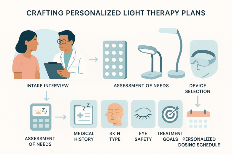 Infographic showing steps to create a personalized light therapy plan, including intake interview, assessment, device choice, and dosing schedule. Features vector illustrations of a patient with provider, various light therapy devices, and icons for medical considerations, all in calming clinical colors.