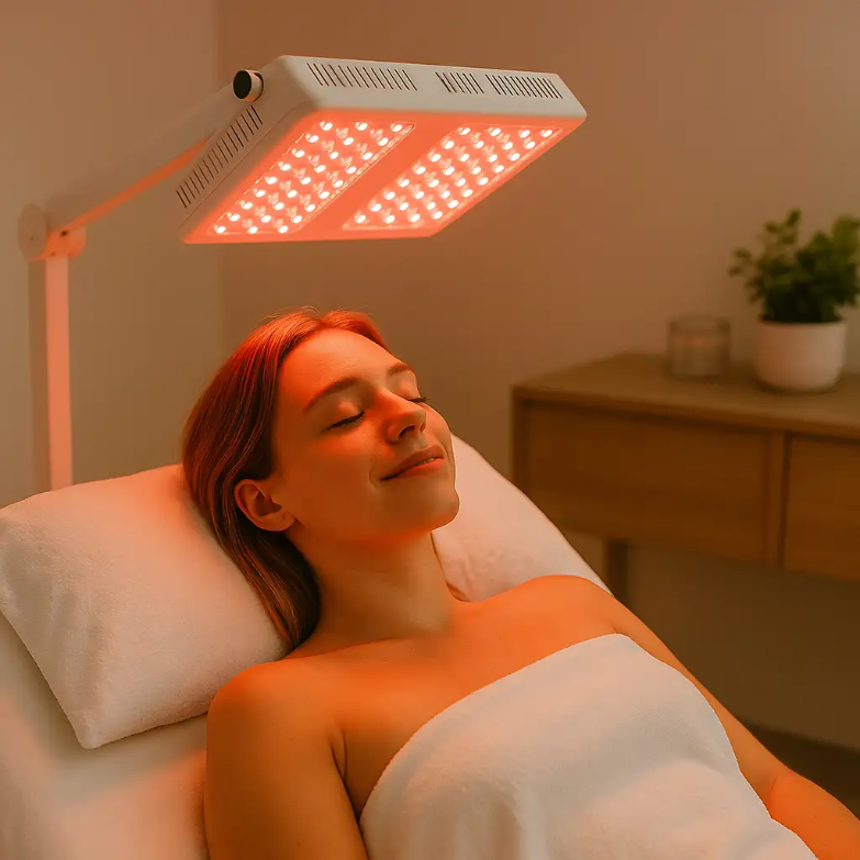Client enjoying a peaceful red light therapy session at Aurora O-Zone Wellness Center in Homer
