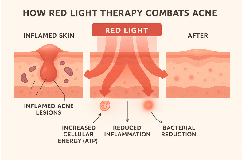 Infographic shows red light therapy treating acne: panel one depicts inflamed skin, panel two red light waves targeting bacteria and inflammation, panel three illustrates clearer skin with fewer blemishes. Labels highlight increased cellular energy, reduced inflammation, and bacterial reduction. Clean, educational visual with modern design