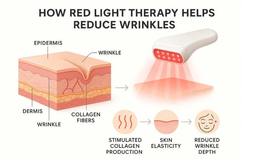 Infographic showing red light therapy reducing wrinkles: labeled facial skin layers, red LED device emitting light, and a benefits chart featuring collagen boost, improved elasticity, and smoother skin. Uses clean illustrations, soft color palette, and clear step-by-step labels for educational clarity